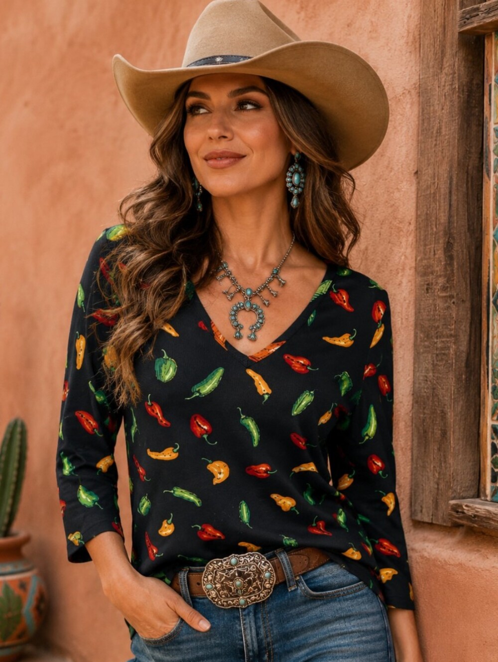 Vtg 90s Black V-Neck Women's Top Colorful Chili Pepper Print Cotton Top XL